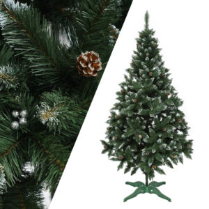 Ялина ПВХ зелена 2,5 м із білими кінчиками з шишками та ягодами, новорічна штучна ялинка калина