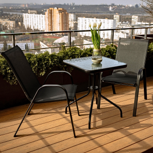 Набір комплект садових меблів Grado-2: квадратний стіл 60x60 см та 2 стільці з текстилену для саду, тераси, балкона Чорний