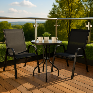 Набір садових меблів Udine-2: круглий стіл зі скляною стільницею 60 см та 2 стільці з текстилену для саду, тераси, балкона, кафе Ч