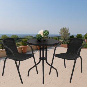 Набір комплект садових меблів 4Points Torino-2 металевий круглий стіл та 2 стільця з ротангу для саду кафе тераси вулиці Чорний