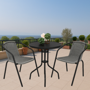 Набір комплект садових меблів 4Points Torino-2 металевий круглий стіл та 2 стільця з ротангу для саду кафе тераси вулиці Сірий