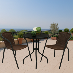 Набір комплект садових меблів 4Points Torino-2 металевий круглий стіл та 2 стільці з ротангу для саду кафе тераси вулиці Коричневи