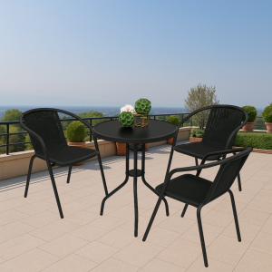 Набір комплект садових меблів 4Points Torino-3 металевий круглий стіл та 3 стільця з ротангу для саду кафе тераси вулиці Чорний