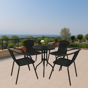 Набір комплект садових меблів 4Points Torino-4 металевий круглий стіл та 4 стільця з ротангу для саду кафе тераси вулиці Чорний