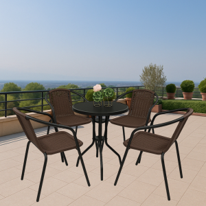 Набір комплект садових меблів 4Points Torino-4 металевий круглий стіл та 4 стільця з ротангу для саду кафе тераси вулиці Коричневи