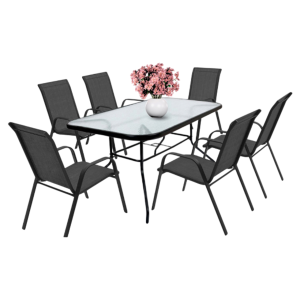 Набір комплект садових меблів 140х80см Toscana-6 посилений прямокутний стіл та 6 стільців з текстилену для саду тераси Чорний