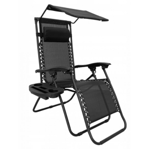 Шезлонг 4P Zero Gravity з дашком крісло розкладне садове лежак складаний пляжний з підсклянником для дому дачі саду Чорний